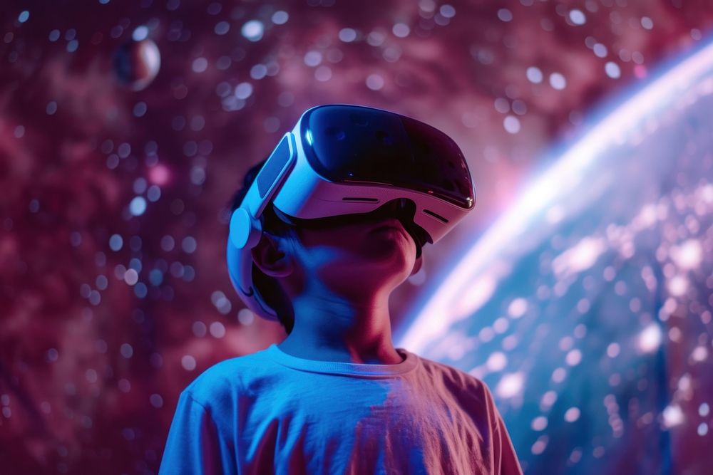 A boy wearing a pair of VR glasses technology futuristic astronomy.