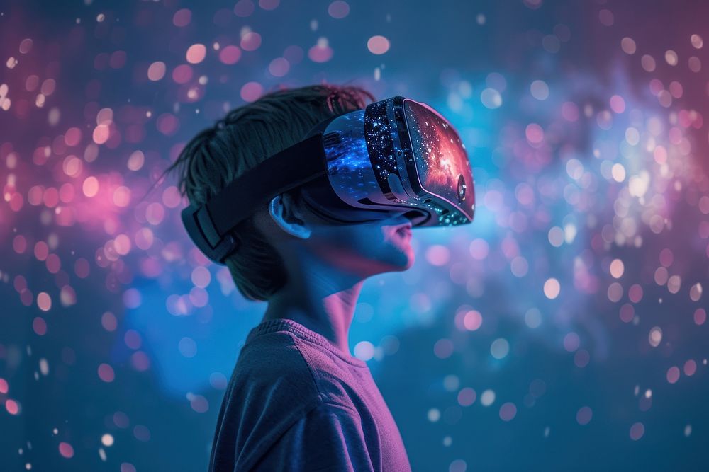 A boy wearing a pair of VR glasses photo illuminated photography.