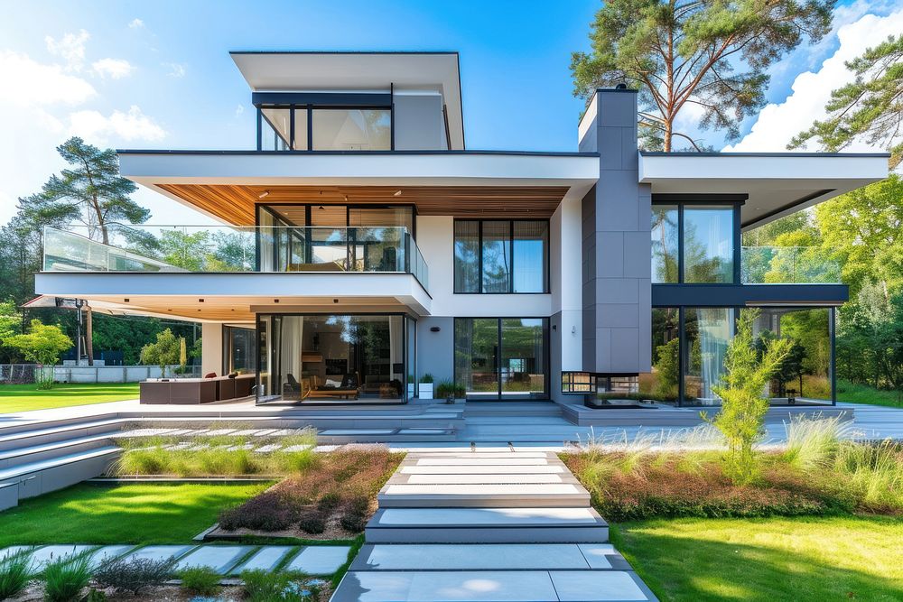 Big modern American house architecture building outdoors.