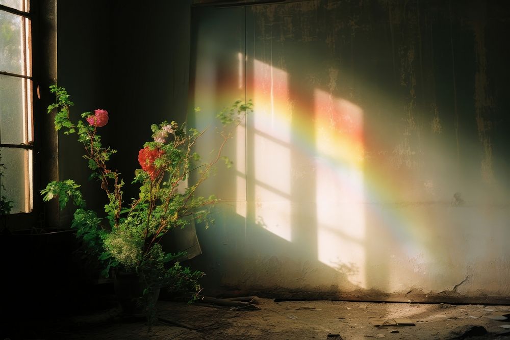Reflection on the wall as a rainbow flower nature light.