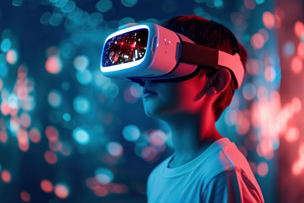 A boy wearing a pair of VR glasses photo illuminated photography.