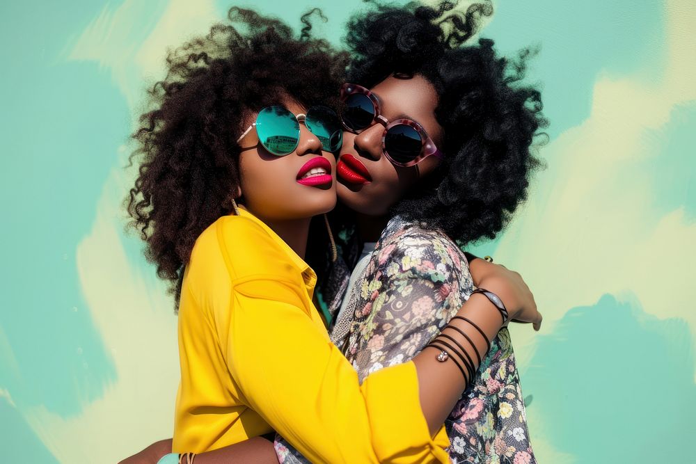 2 black woman hug sunglasses portrait fashion.