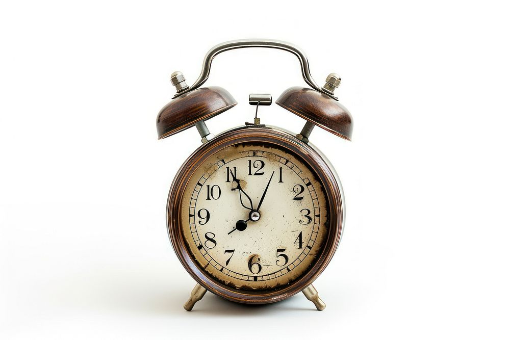 Twin bell alarm clock white background furniture deadline.