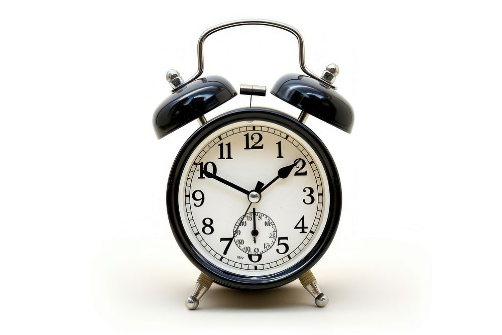 Twin bell alarm clock white background technology deadline.