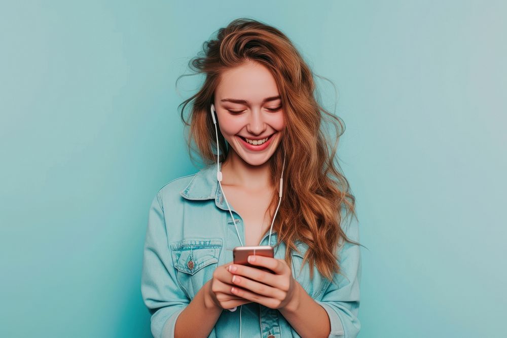 Woman listening music smile laughing looking.