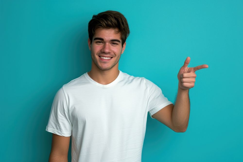 Young man finger smile pointing.