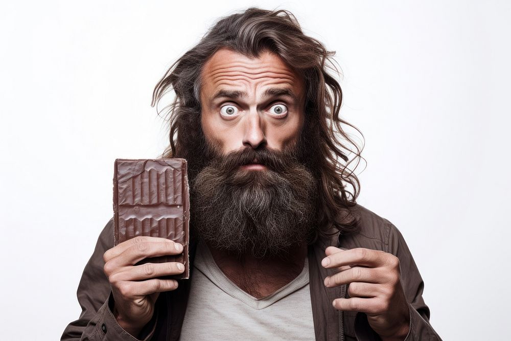 Holding chocolate bar with beard portrait adult photo.