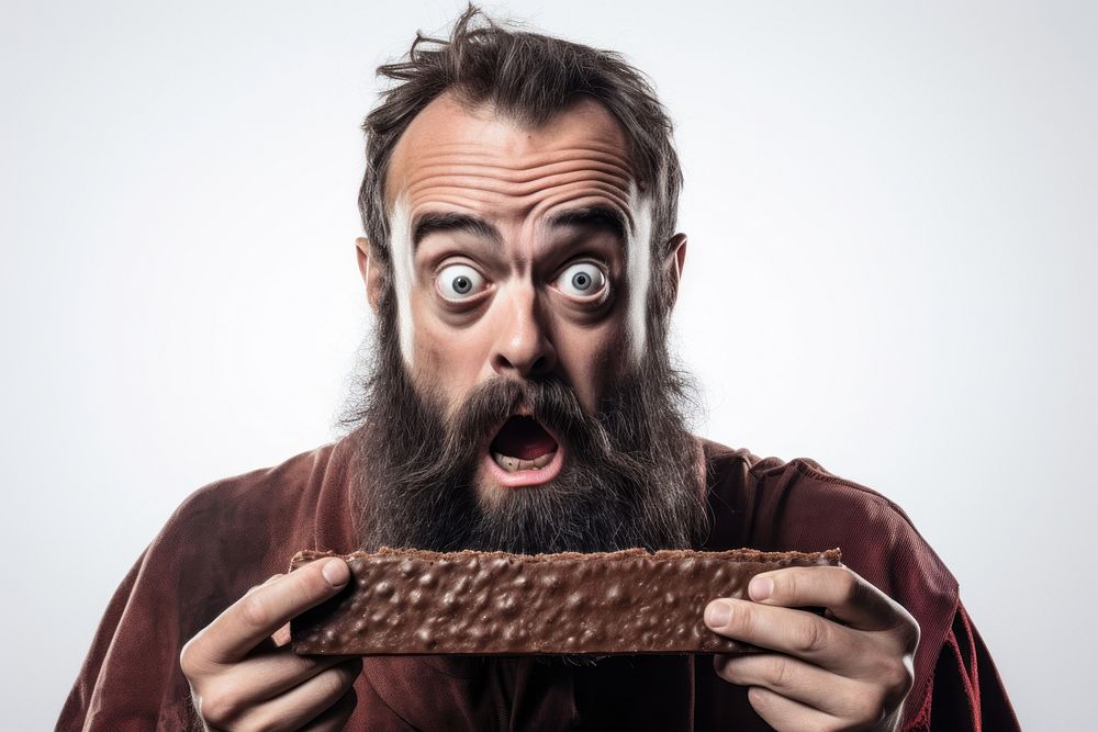 Holding chocolate bar with beard adult man moustache.