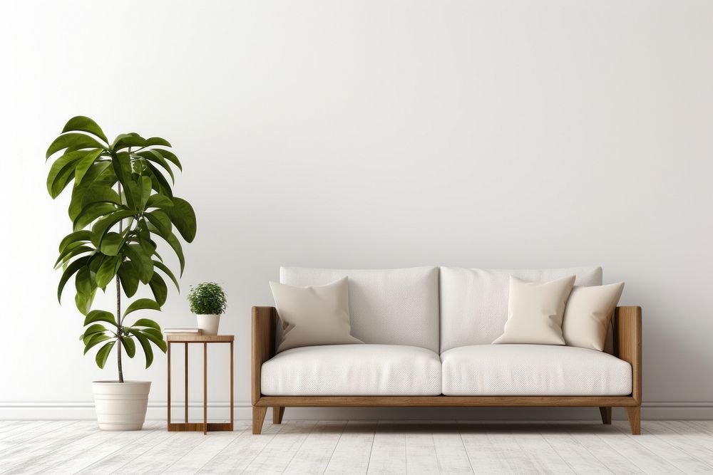 Minimal living room with a sofa and plants in a rustic style architecture furniture cushion.