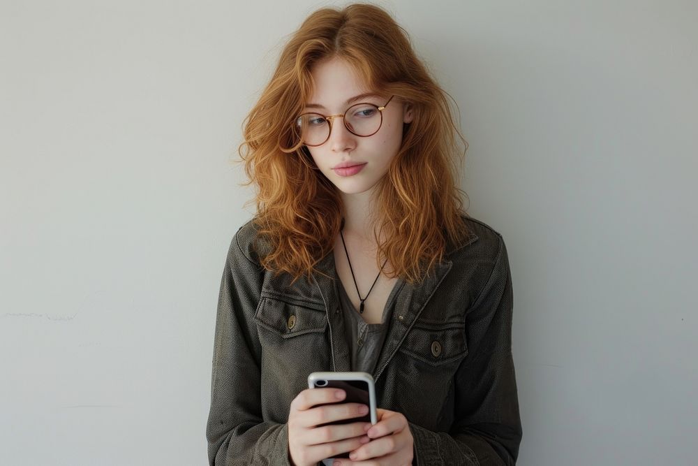 An attractive young woman using a smartphone portrait glasses adult.