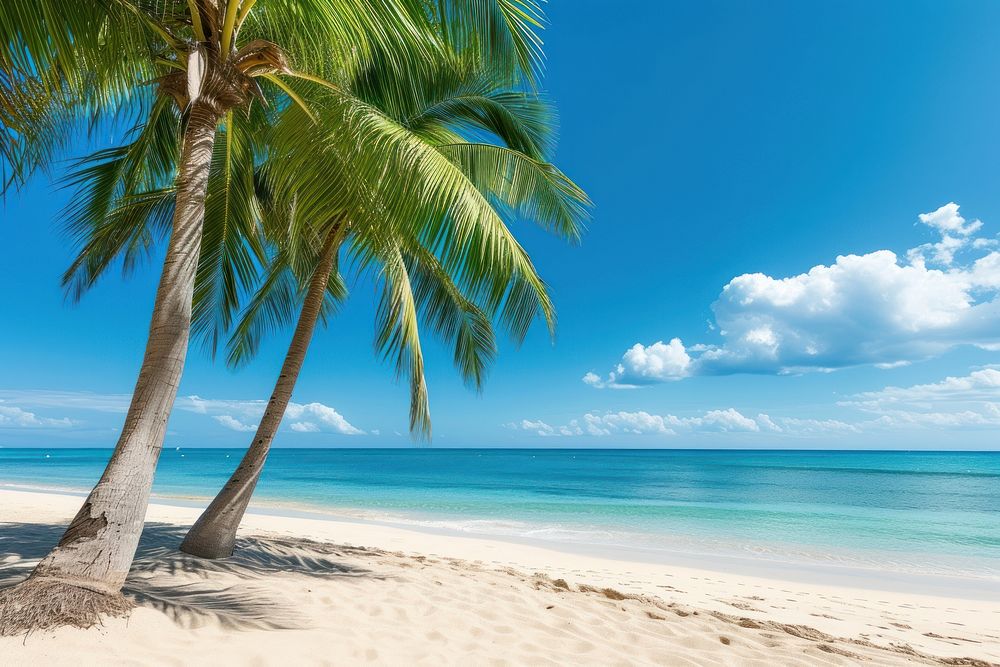 Beach with palm trees ocean outdoors horizon.