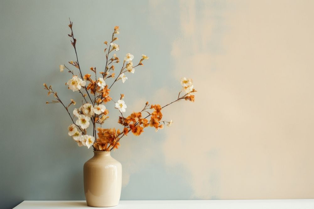 Blooming wild flowers in vase plant wall decoration.