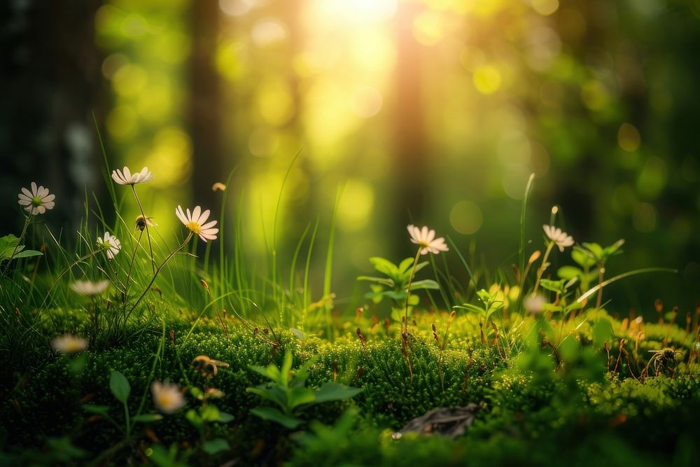 Forest with moss and grass sunlight flower landscape.