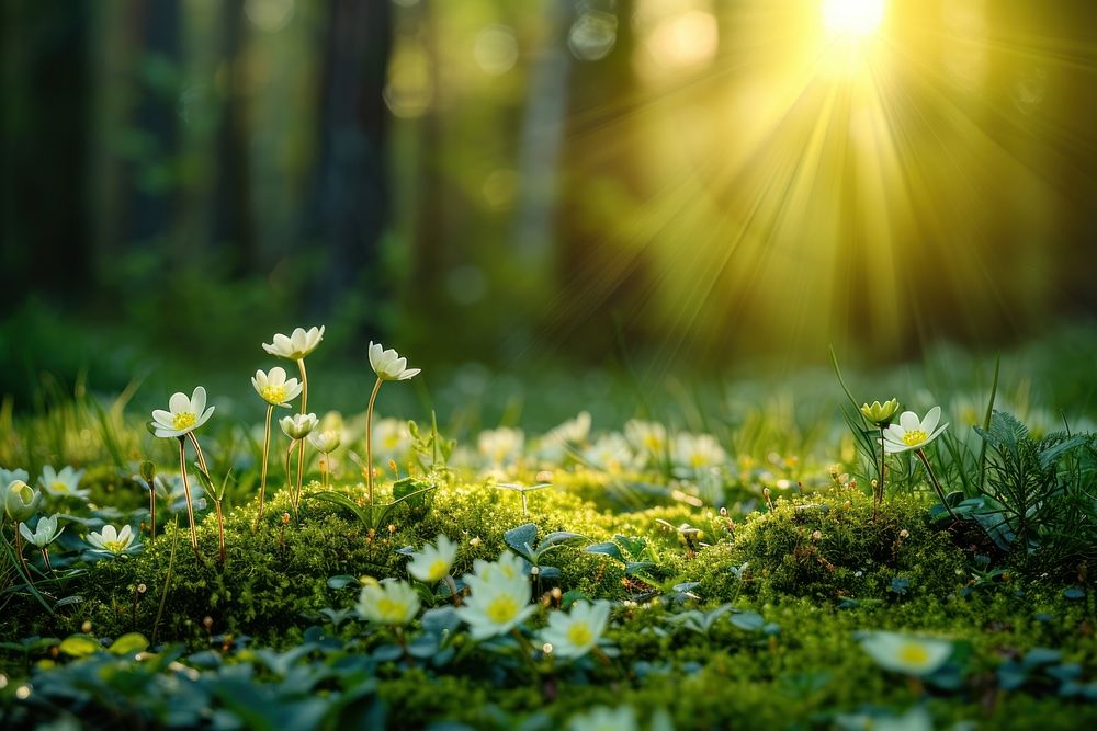Forest with moss and grass sunlight flower landscape.