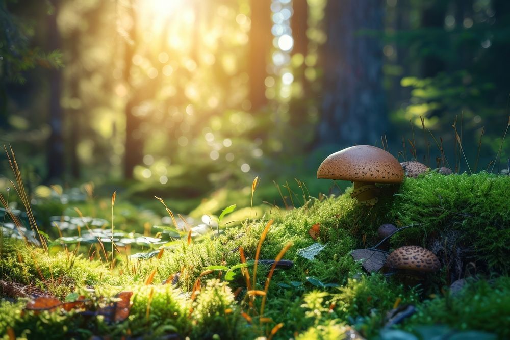 Forest with moss and grass mushroom sunlight fungus.