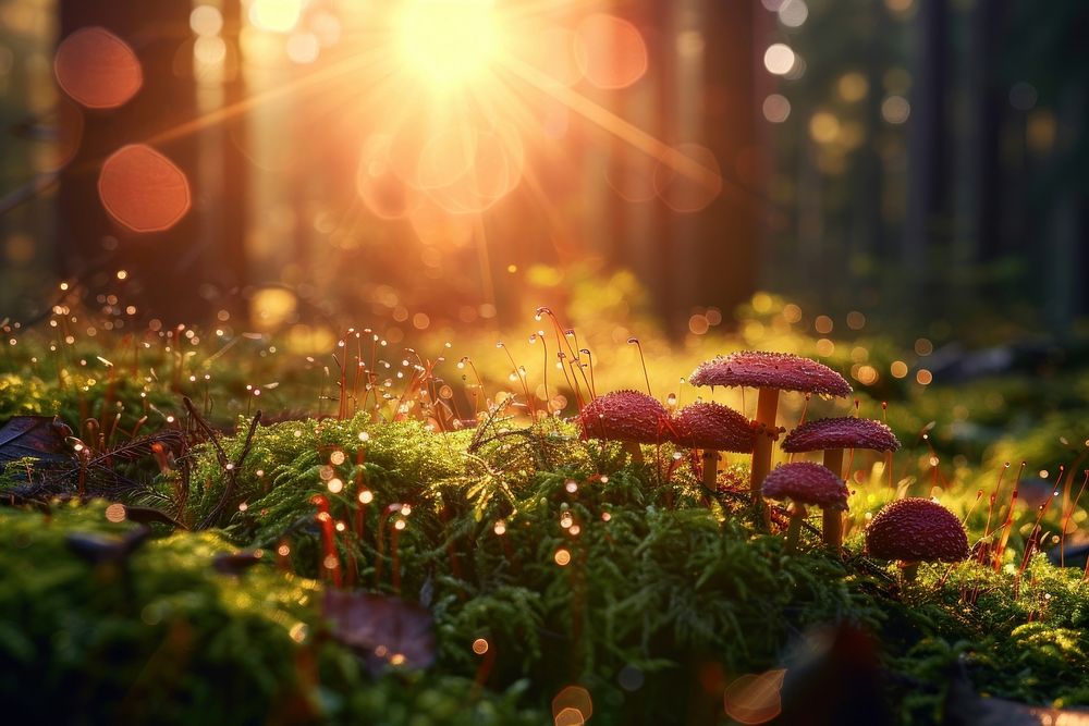 Forest with moss and grass sunlight mushroom outdoors.