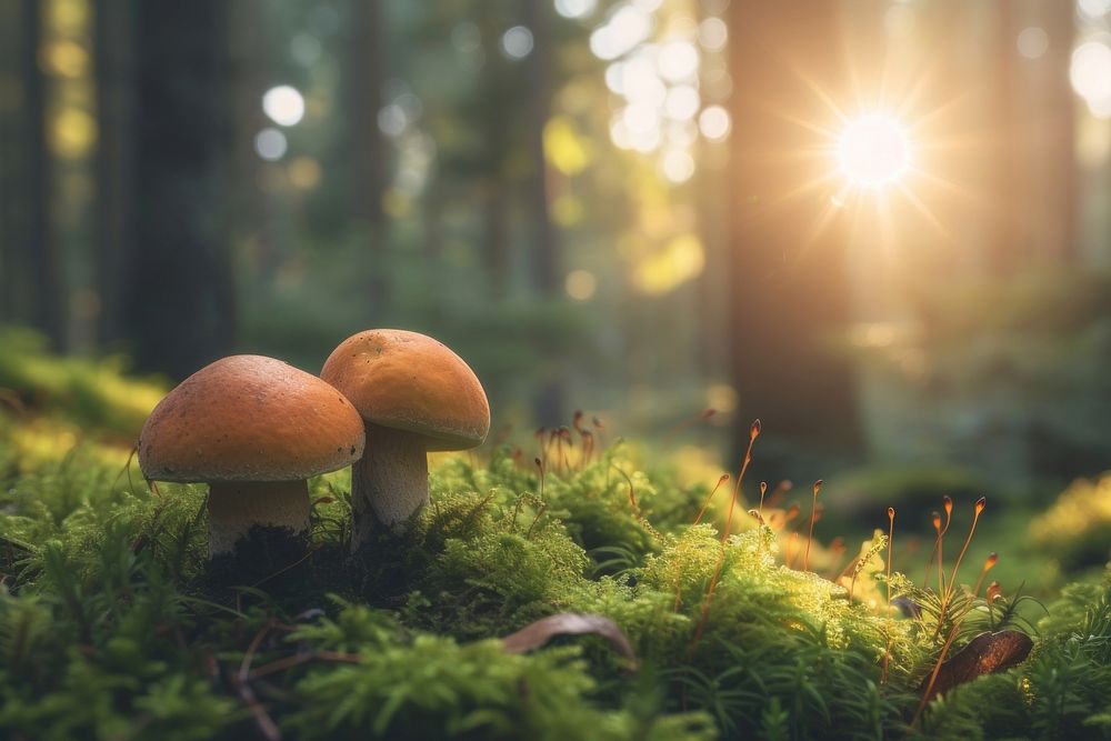 Forest with moss and grass mushroom sunlight outdoors.
