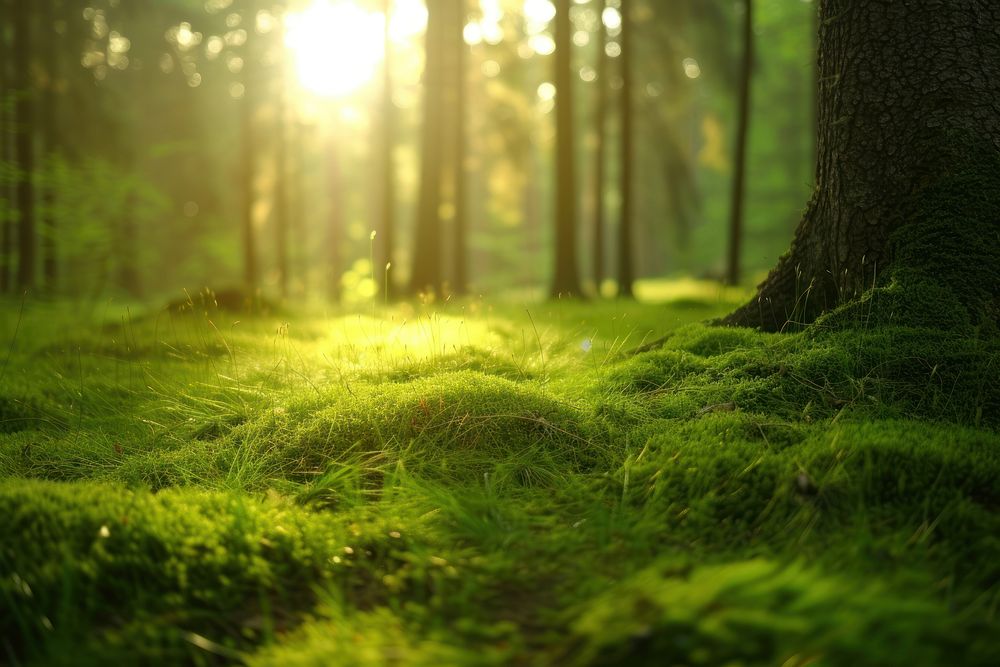Forest with moss and grass sunlight landscape outdoors.