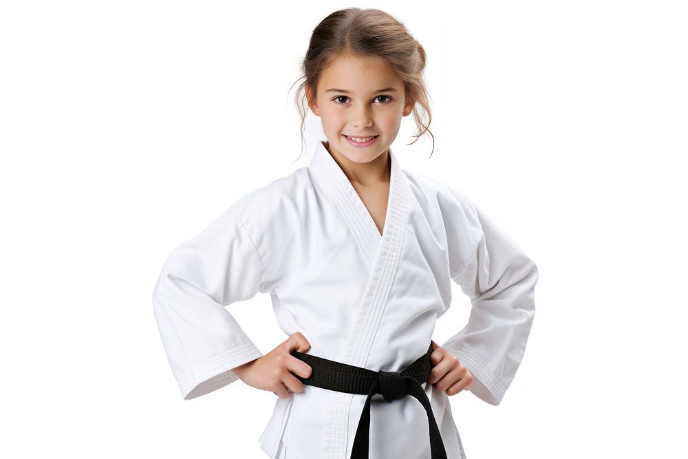 Karate dress with black belt sports white background taekwondo.