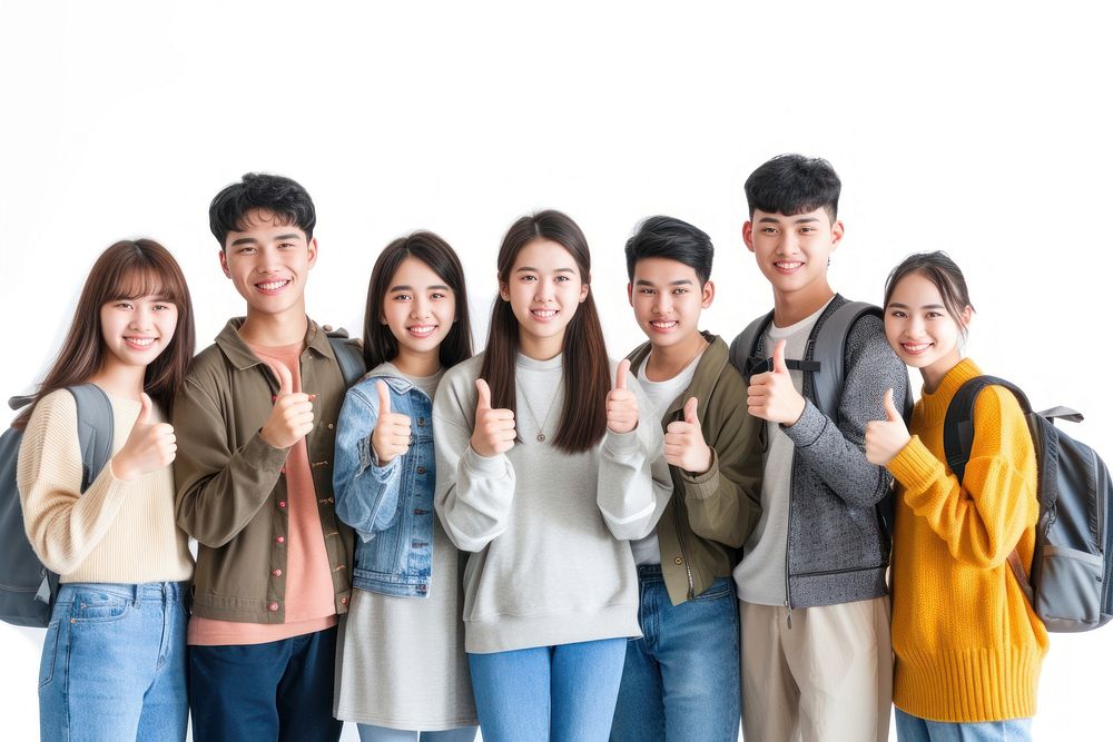 Group of asian student white background togetherness architecture.