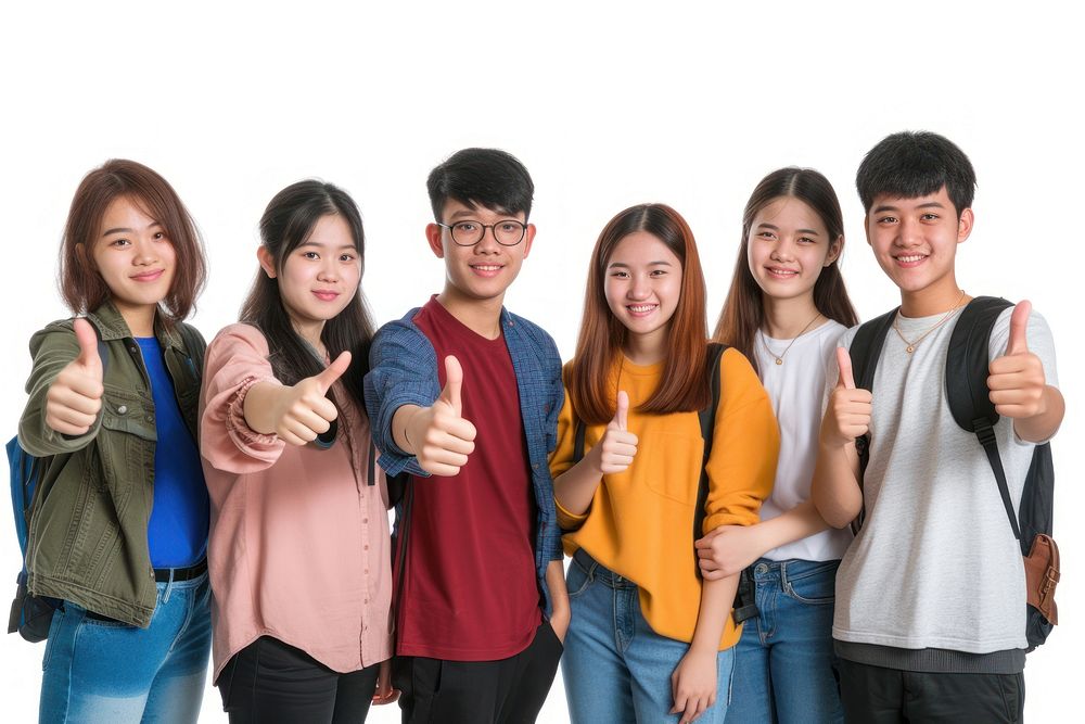 Group of asian student adult white background togetherness.