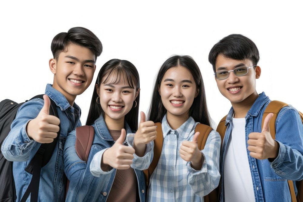 Group of asian student gesturing white background togetherness.