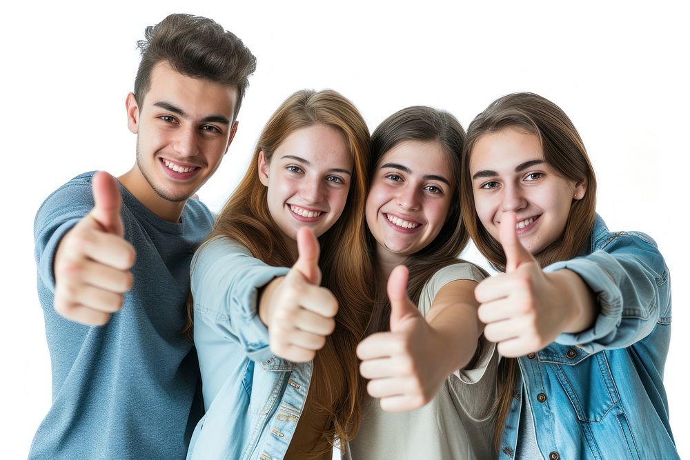 Group of students gesturing finger adult.