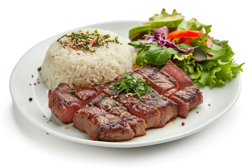 Steak with rice plate salad meat.