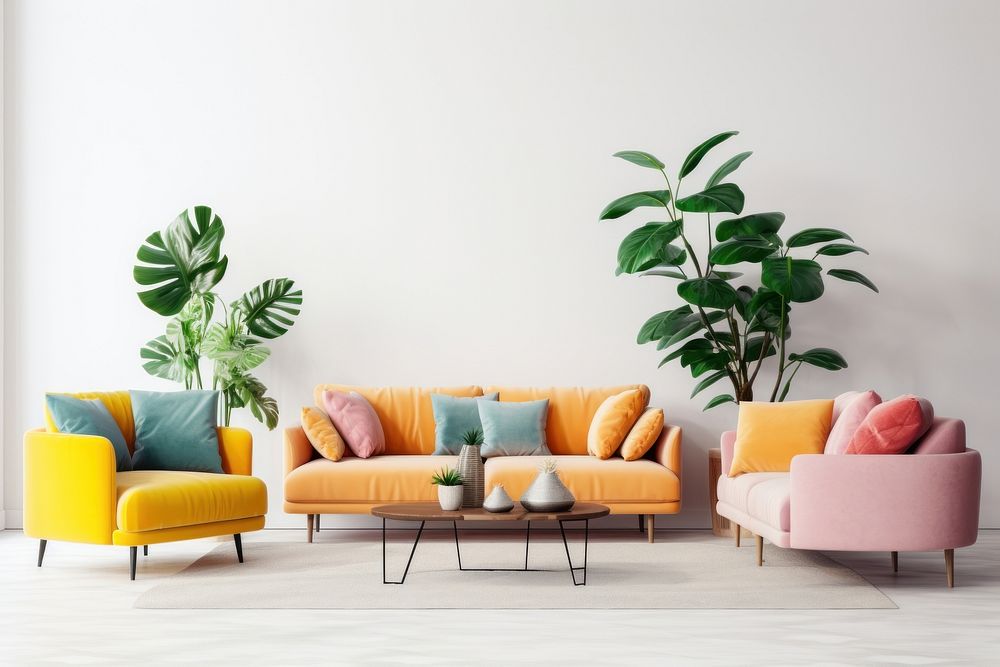 The living room has colorful sofas and plants architecture furniture cushion.