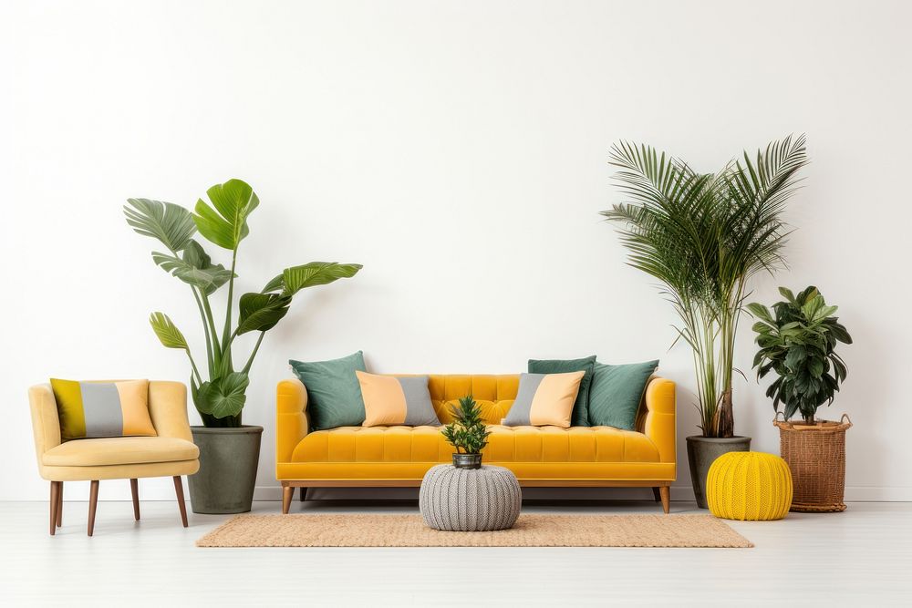 The living room has colorful sofas and plants architecture furniture cushion.