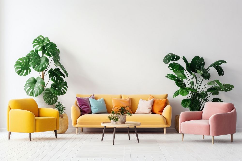 The living room has colorful sofas and plants furniture chair architecture.