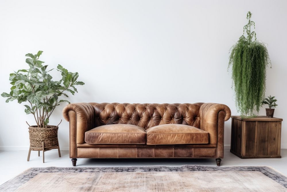 Vintage living room with a sofa and plants in a rustic style architecture furniture cushion.