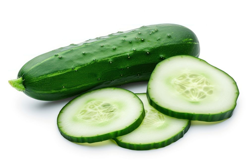 Whole and slices cucumber vegetable fruit plant.