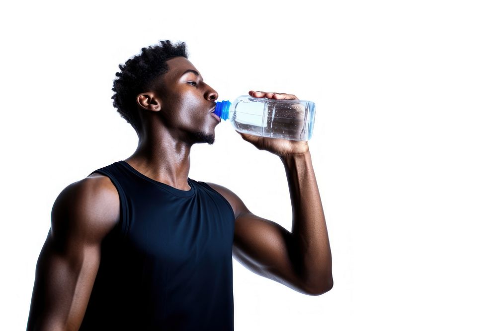 Young men drinking water after exercising bottle adult white background.