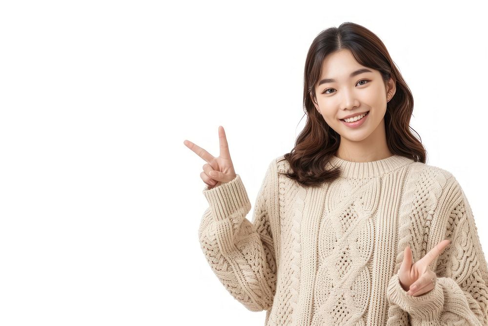 Young asian woman sweater smile white background.