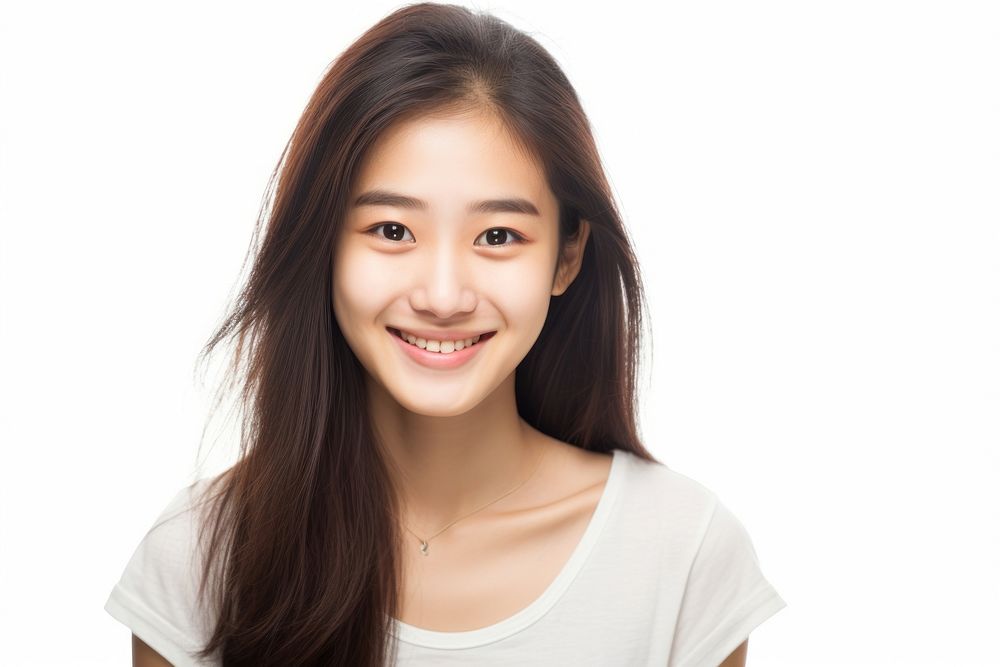 Young teenager Asian girl smiling adult smile white background.