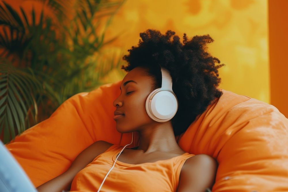African american woman headphones listening headset.