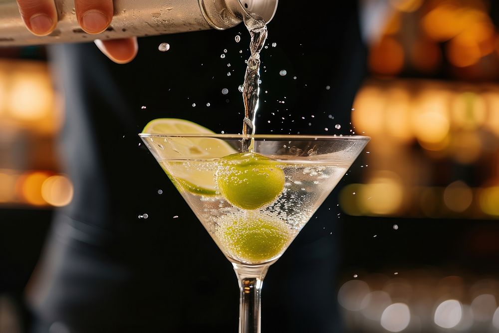 Bartender pouring cocktail martini drink bartender.