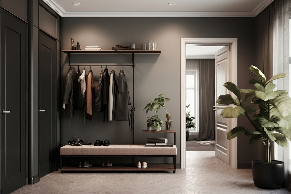 Modern styled small entryway furniture closet room.