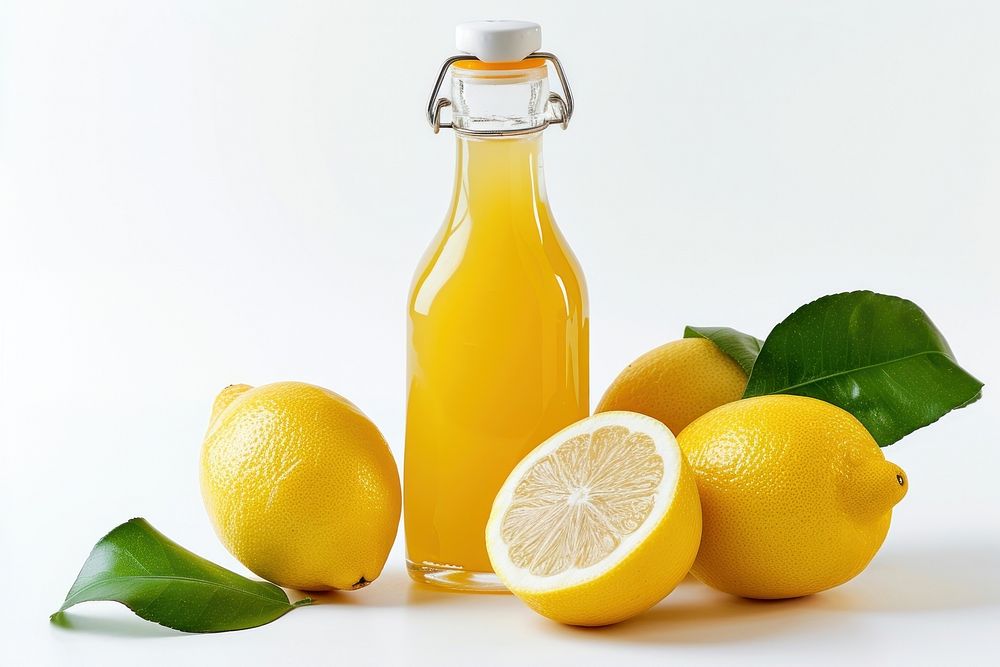 Lemon juice bottle fruit drink.