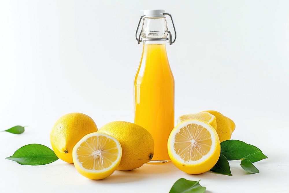 Lemon juice bottle fruit drink.