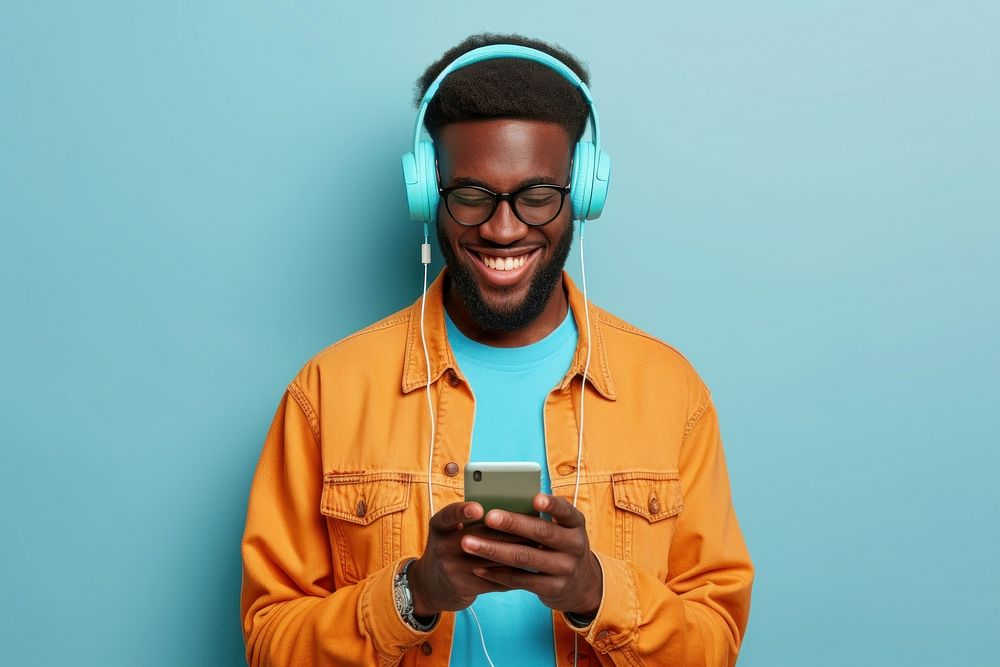 Man listening music headphones glasses headset.