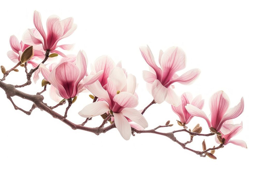 Pink magnolia branch blossom flower petal.