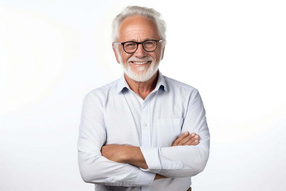 Older man portrait glasses smiling.