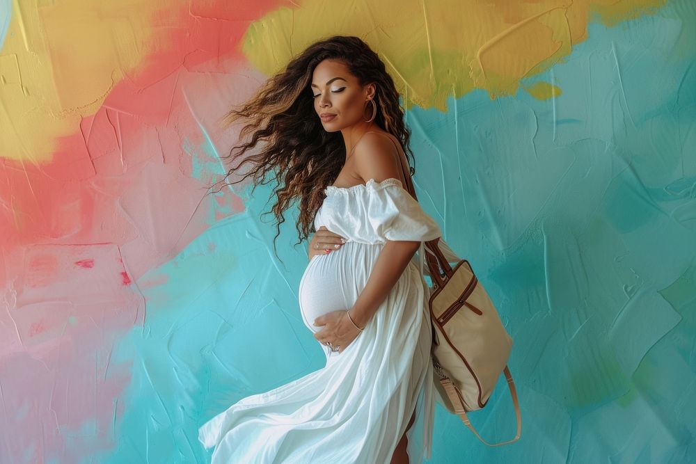 Pregnant woman posing with toatbag dress painting fashion.