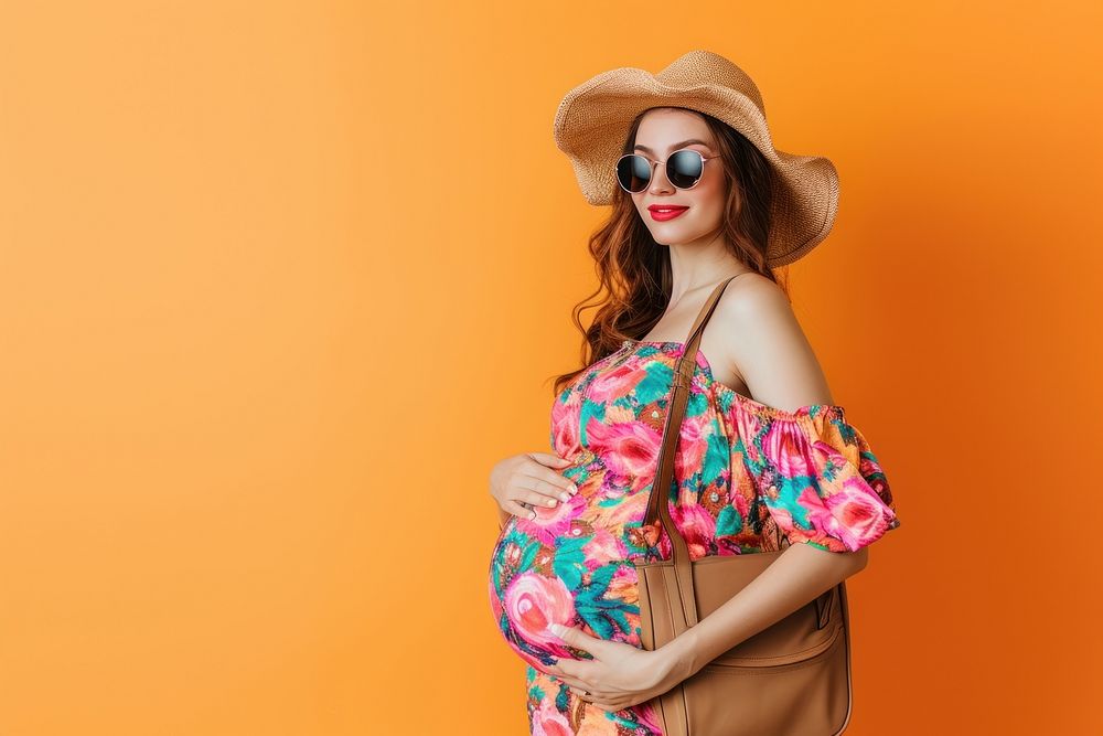 Pregnant woman posing with toatbag dress portrait adult.