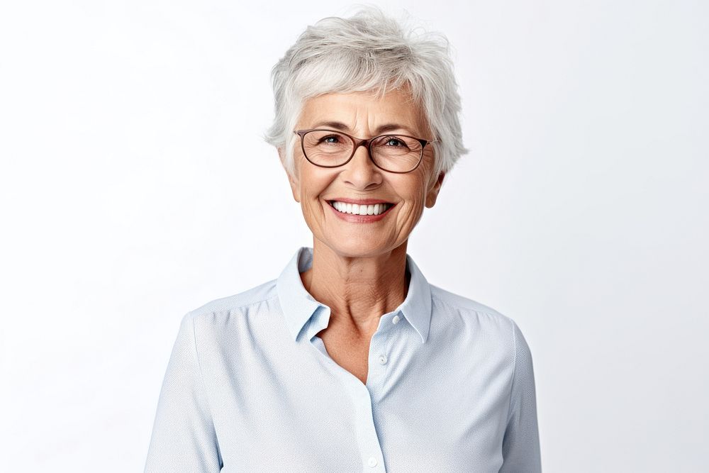 Senior woman smiling portrait laughing glasses.