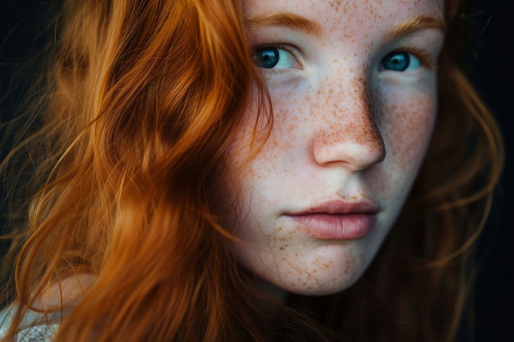 Red haired girl with freckles portrait photo skin.