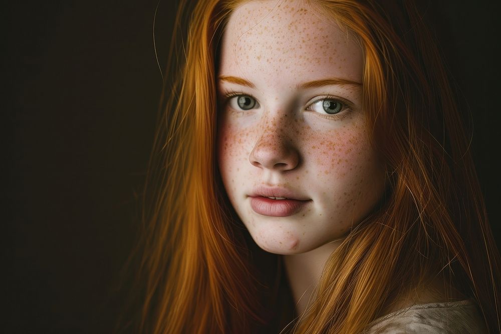 Red haired girl with freckles portrait adult photo.