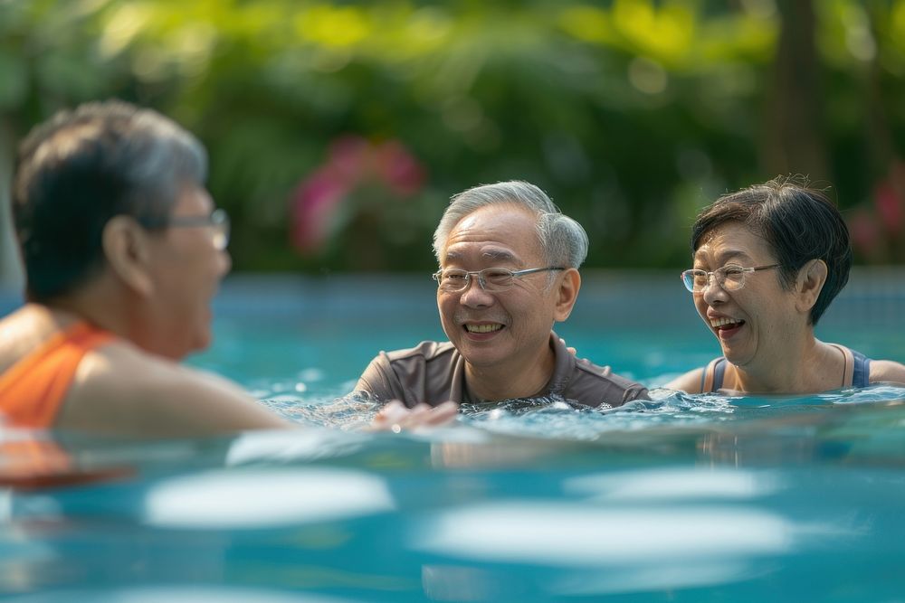 Asian Chinese Senior friends talking bonding in swimming pool sports adult togetherness.